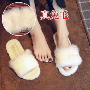 Real Rabbit Fur Slippers Womens Outdoor Wear Popular 2025 Autumn Winter New Versatile Flat Bottom Fairy Cotton Slippers Trendy