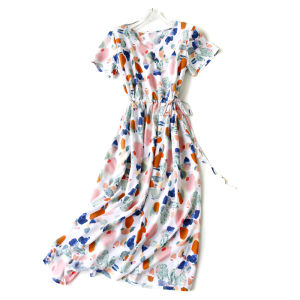 Summer Fresh Cool Cotton Silk Dress Womens Drawstring Waist Cinch Slimming Beach Big Skirt Artificial Cotton V-neck A-line Dress