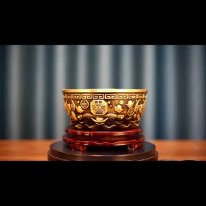 黄铜聚宝盆古典中式纯黄铜百福缸铜工艺品几何黄铜米缸招财进宝缸 Brass Treasure Bowl Classical Chinese Pure Brass Hundred Blessed Jars Copper Crafts Geometric Brass Rice Jars Treasure Bowls