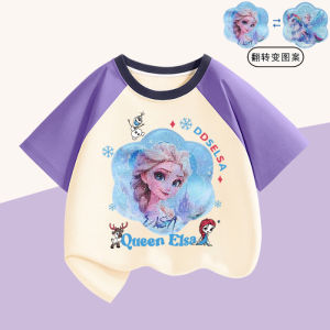 Girls Cotton T-shirt Short Sleeve Sparkling Half Sleeve Top Color Block Summer Kids Clothing Princess Snow White Print