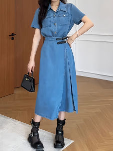 plus Size Retro Style Button up One Piece Slimming Denim Dress High Waist A-Line Summer Long Skirt for Young Women 18-29