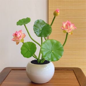 Artificial Lotus Flowers Home Decor Buddha Altar Decoration Floral Arrangement Silk Flower Pot Plant Ornament Buddhist Temple
