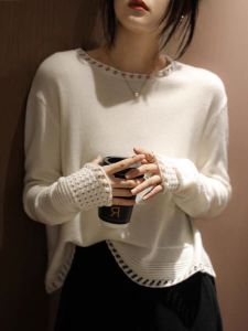 Big Sale Leak-Picking White Bottoming Shirt for Women Autumn Crew Neck Crocheted Openwork Knitted Top Loose Inner Wear Thin Sweater