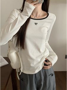 Pure Cotton Long Sleeve T-Shirt Womens round Neck Embroidered Butterfly Knot Top Color Block Autumn Season Versatile Slim Fit