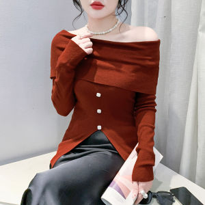 Yimei 2024 mùa thu Mới Thanh lịch Ruffle áo đan với thiết kế tay áo dài hở vai chia ôm vừa và áo ôm