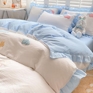 Washed Cotton Bedding Set Towel Embroidered Quilt Cover Sheet Princess Style Dormitory Three Piece Set Colorful Clouds Women