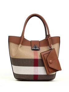 Aidrani | Canvas and Cowhide Leather Women Basket Bag Plaid Stripe Handbag with Mini Pouch Multi-Pocket Shoulder Purse for Travel