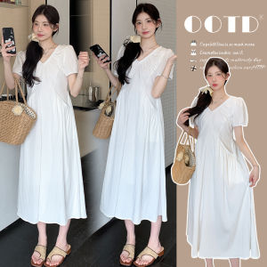 Stylish Slimming Maternity Dress V-neck Elegant Puff Sleeve Long 2025 Summer