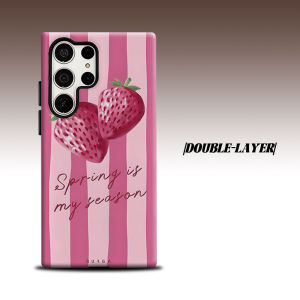 Pink Stripe Strawberry Spring Text For Samsung Galaxy S26 S25 S24 A56 A36 Dual Layer Luxury Fashion Full Lens Protective Case