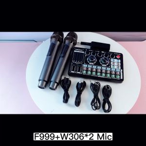 Siborie【COD】F999 Sound Card + W306 Two Wireless microphone Mikrofon soundcard 2 mic paket SET