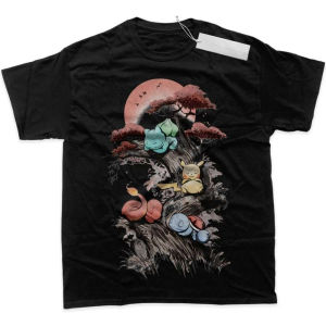 Bandai | Mens T Shirt Mens Sports T Shirt Mens Short Sleeve T Shirt Pokemon Bulbasaur Pikachu Charmander Squirtle on Tree Red Circle