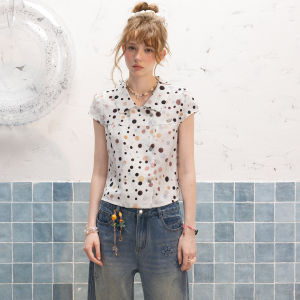 Unifree | Vintage Puff Sleeve Polka Dot Shirt Womens White Short Sleeved