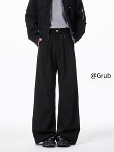 Black Cleanfit Casual Pants for Men Winter Drapey Loose Fit Professional Suit Straight Leg Trousers Tailored Look Casual Wear