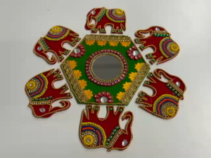 Handcrafted Acrylic Elephant Design Rangoli | Reusable 7-Piece Set with Studded Stones | Festive & Diwali Décor (8 Inches)