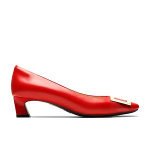 HOPE ROZA (ROSA) - DIXIE Women Square Toe Pump - Soft Leather Block Heels With Gold Buckle for Office Wear - Red