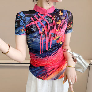 Yimei Phong cách Trung Quốc mới khóa đứng lên cổ áo Áo phông in hình tay ngắn cho khí chất mùa hè của phụ nữ giảm béo và giảm béo sườn xám đa năng áo thanh lịch