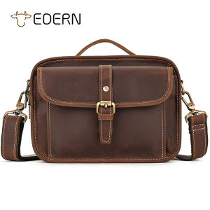 EDERN Retro Crazy Horse Leather Mens Shoulder Bag Genuine Leather Handbag Fashion Casual Messenger Bag Sling Bag 7.9-inch iPad Bag