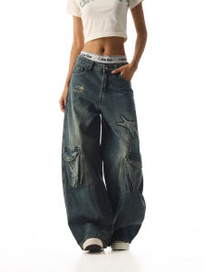 CTB Beer Captain American Style Embroidered Multi-Pocket Workwear Jeans Loose Wide Leg Long Pants for Women Street Style