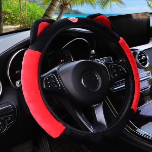 Cute Cat Ears Steering Wheel Cover Soft Plush Winter Warm Hand Car Accessory without Inner Ring Suitable for 14.5-15 Inch Wheels