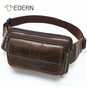 EDERN Genuine Leather Mens Waist Bag Retro Casual Belt Bag Travel Waist Packs Multi-pocket Cowhide Fanny Pack Male Chest Bag Phone Pouch