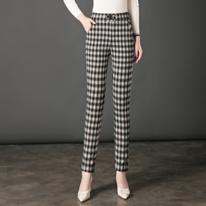 High Waist Casual Pants Womens Spring New Style Slim Fit Plaid Long Pants Outerwear Base Layer Pants for Middle-Aged Ladies