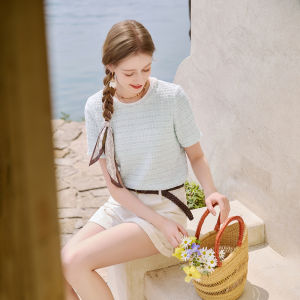 XIANGYING | Elegant Stripe Textured Sparkle Short Sleeve T-Shirt
