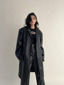 Medium Cold Wind Retro Minority Fancy Heavy Industry Mid Length Long Length Loose Profile PU Leather Trench Coat and Overcoat Outwear Female