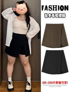High Waist A-Line Mini Skirt Asymmetrical Slit Woolen Skirt Womens plus Size Autumn Winter Fashion Korean Style Polyester Fiber