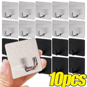 5/10Pcs Stainless Steel Strong Adhesive Hooks Kitchen Wall Mounted Load-Bearing Storage Holder Waterproof Seamless Wall Hooks