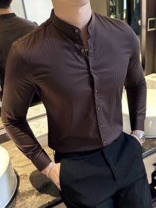 Mens Long Sleeve Shirt Textured Solid Color Stand Collar Business Casual Fashion Urban Style Polyester Blend Washed Process