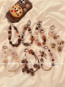 Fall Winter Brown Leopard Print Beaded Phone Strap Chain Portable Hand Wristband Tag Anti-Loss Universal Apple Huawei Case