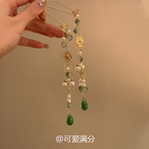 New Chinese Style Green Teardrop Pearl Tassel Hairpin Ancient Elegant Cool Feeling Hair Accessories for Women