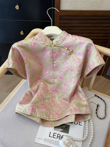 PAIBOLI | New Chinese Style Retro Button Up Short Sleeve Pink Top Summer Slimming Ageless Small Shirt High End Feelings National Spirit