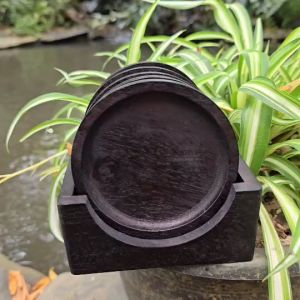 จานรองแก้ว จานวางแก้วไม้ยางพารา ที่รองแก้ว สีดำไม้มะเกลือ 1ชุด มี 6ชิ้น พร้อมที่วาง เนื้อไม้ดี