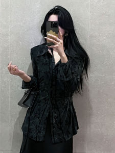 Elegant Black Flocked Long Sleeve Shirt Womens Autumn Winter New Chinese Style Fashionable Age-defying Top Premium Feel