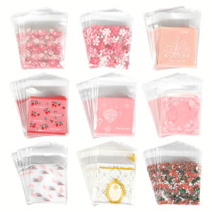 50pcs Transparent Candy Bags Pink Flower Plastic Biscuits Bags Baby Shower Birthday Party Baking Cookies Packaging Wedding Decor