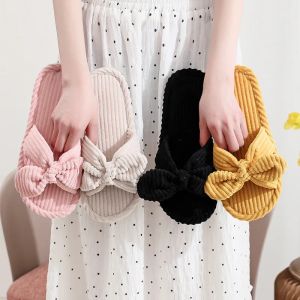 Womens Corduroy Bow Living Room Shoes Slippers Home Soft Casual Autumn Winter Silent Light EVA Anti Slip Herringbone Slippers