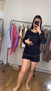 Kaos Lengan Panjang Motif Garis Obras Zigzag Sweater Oversize Salur Hijau