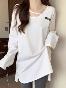 เสื้อยืดคอกว้างแขนยาวทรงหลวมสำหรับผู้หญิงในฤดูหนาว สไตล์สตรีท ทรงหลวม สีพื้น ทรงยาวคลุมสะโพก ทรงเข้ารูป ทรงเข้ารูป