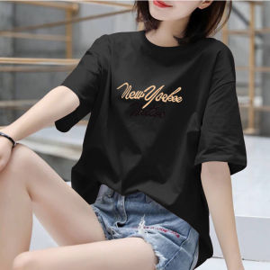 เสื้อยืดแขนสั้นผ้าฝ้ายแท้สำหรับผู้หญิงในช่วงฤดูร้อนปี 2024 สไตล์เกาหลีใหม่หลวมไซส์ใหญ่เสื้อยืดแขนครึ่งตัวสำหรับผู้หญิง