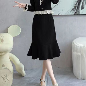 French Vintage Style Fashion Set Waist-Cinching Top Design Elegant Lady Half Skirt Slimming Two-Piece Set Polyester Fiber Long Sleeve round Neck