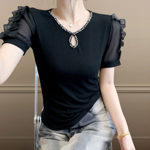 Yimei mùa hè mới móng tay hạt cổ tròn khí chất bông hàng đầu ôm vừa thời trang đẹp Ruffle cạnh tay áo bong bóng áo thun màu đen 2025