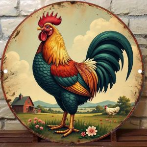 Vintage Farmhouse Rooster Landscape Round Aluminum Metal Wall Art Rustic Sign for Home Kitchen Cafe Indoor Outdoor Decor Rustpr