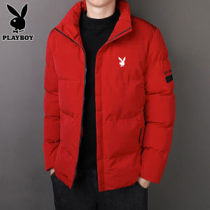 Playboy Mens down Jacket 2024 New Fashion Hooded Warm Winter Short Coat Stand Collar Thickened Polyester Fiber Pure Color