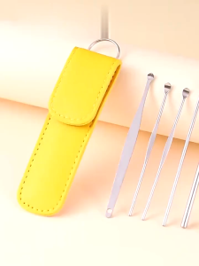 Alat Pembersih Telinga isi 6 in 1 Dengan Tempat Penyimpanan + Pouch Dompet Mini Slim Korek Kuping Pembersih Telinga Picker Stainless Mini Ear Pick Wax 6 Jenis Kepala Spring Perapih kuku 7IN1 5in1 4in1 satuan ecer classic rotasi 360 lengkap
