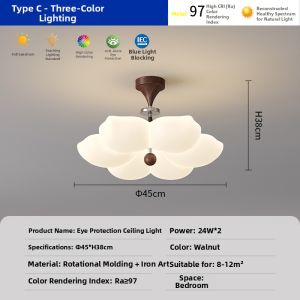FANZHEN | Elegant French Style Retro Walnut Wooden Pattern Creative Lotus Eye-protection Ceiling Light