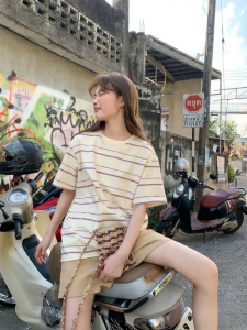 NIHAOKANONG | Áo Thun Cổ Tròn Tay Ngắn Sọc