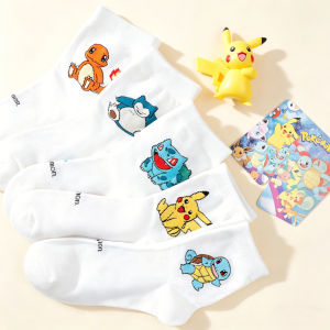 Bandai | 5 Pairs of Novel Cartoon Pok é mon Cotton Graffiti Womens Mid Tube Socks College Style Personalized Student White Casual Socks