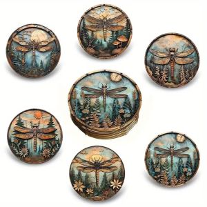 6 Pieces of round coaster Mandala Dragonfly theme Pattern wooden Material gift for ladies lovers for Personal use or as a