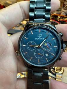 Đồng hồ nam hiệu BENYAR QUARTZmáy nội địa Trung size 44mm mặt đen ánh xanh chạy full 3 cốt 6kim chronograph1 lịch 31 ngày dây thép không gỉ khóa zin chuẩn hãng độ dài 175cm